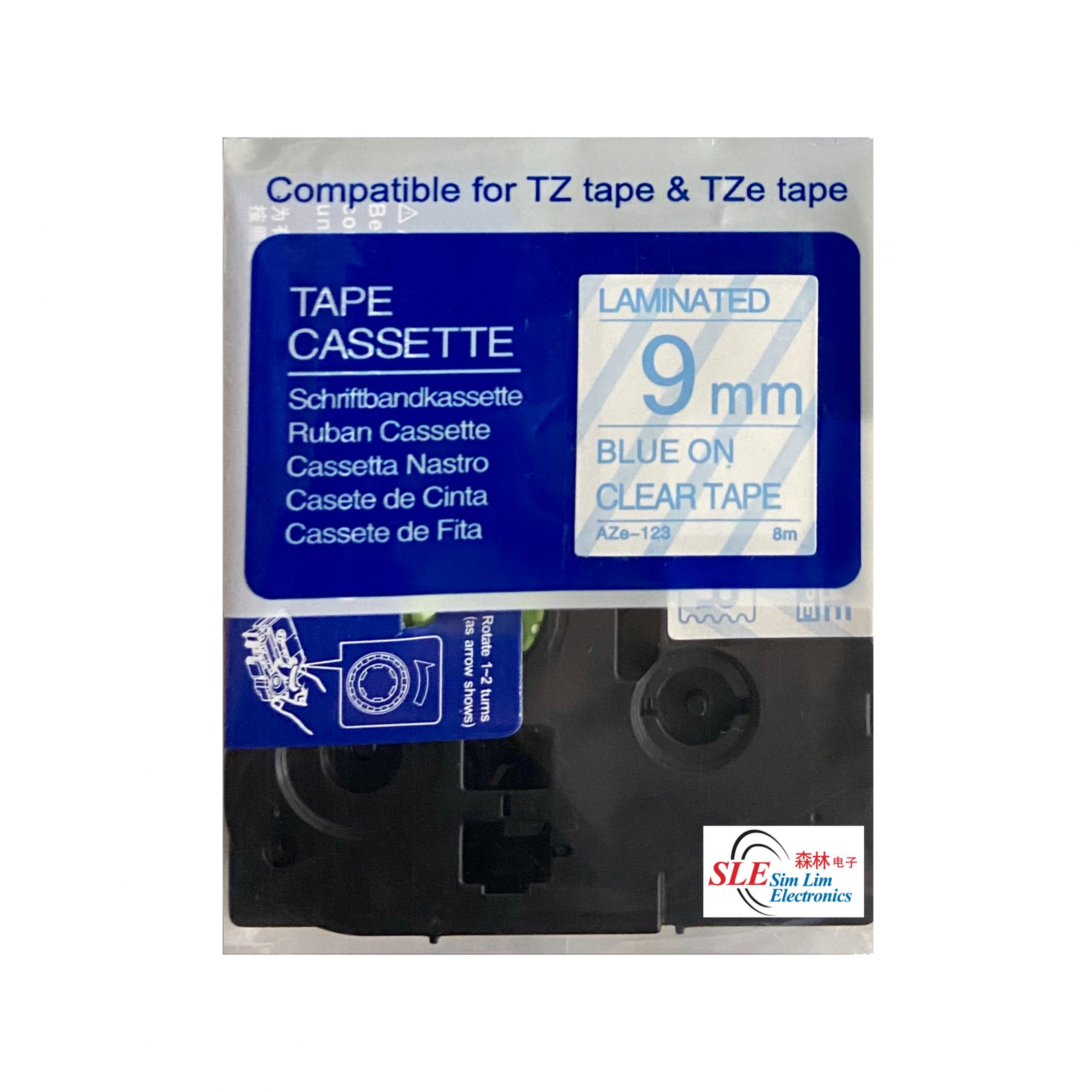 Compatible AB AZe 123 9mm Blue on Clear Laminated Tape