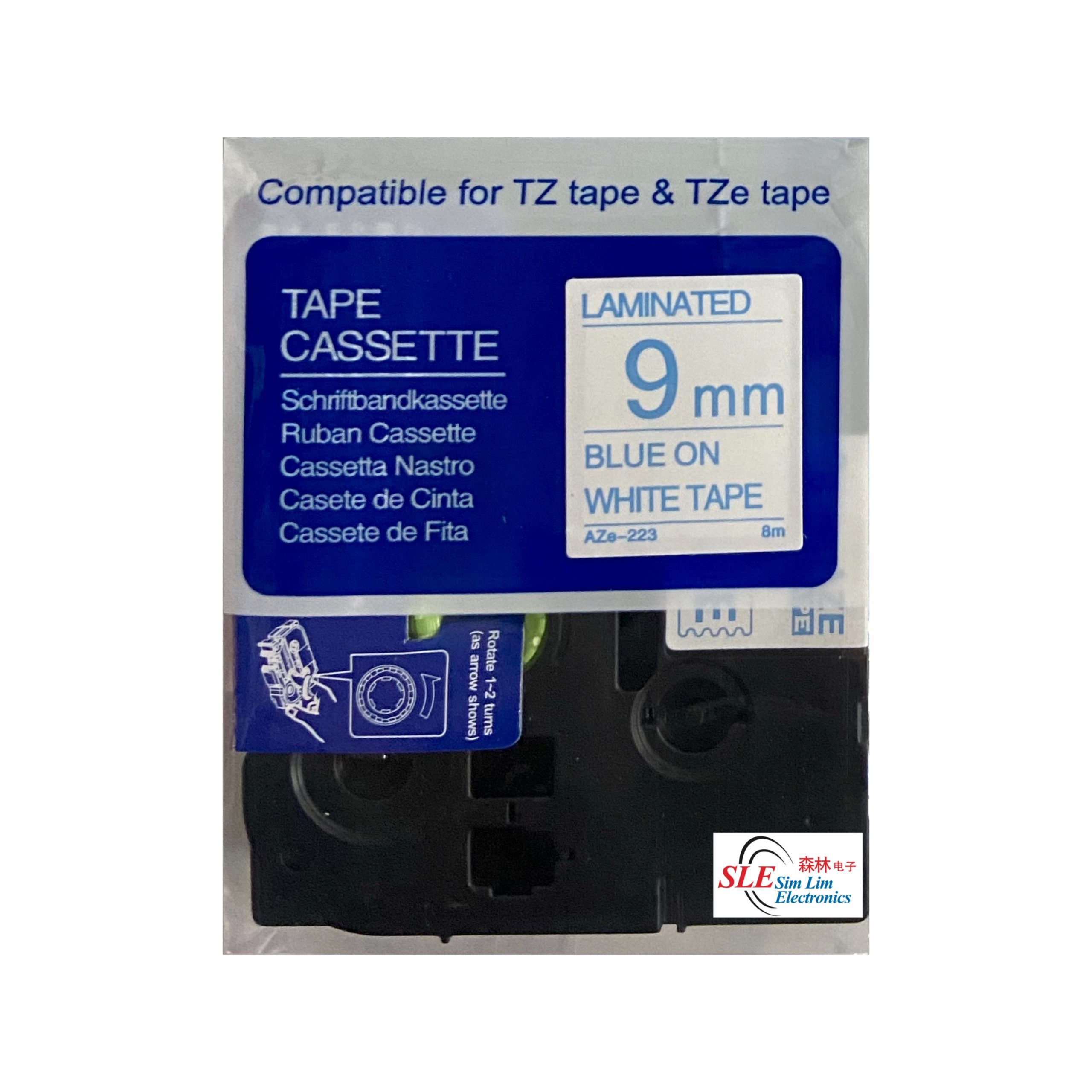Compatible AB AZe 223 9mm Blue on White Laminated Tape