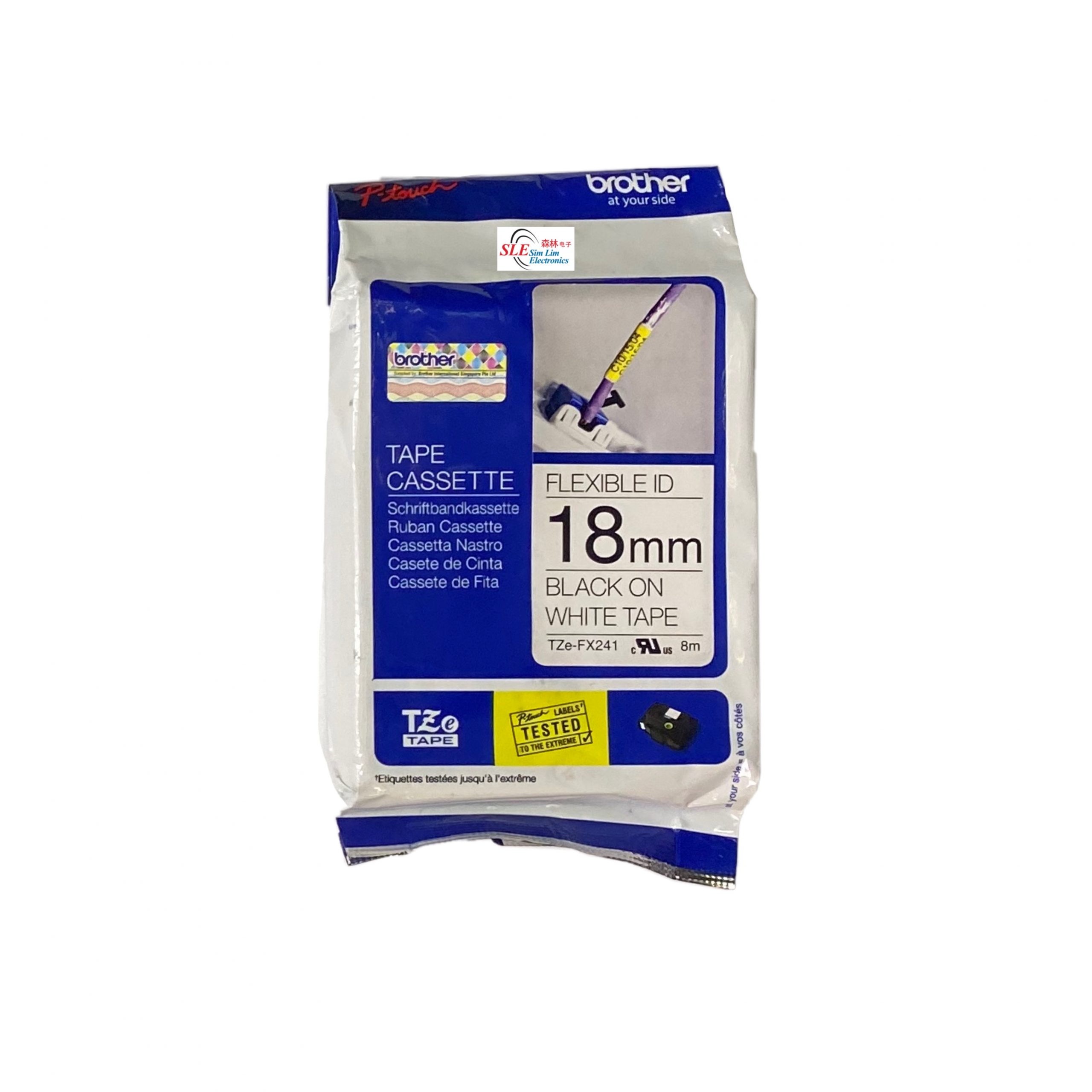 Brother 18mm Tze FX241 Flexible ID Black on White Tape